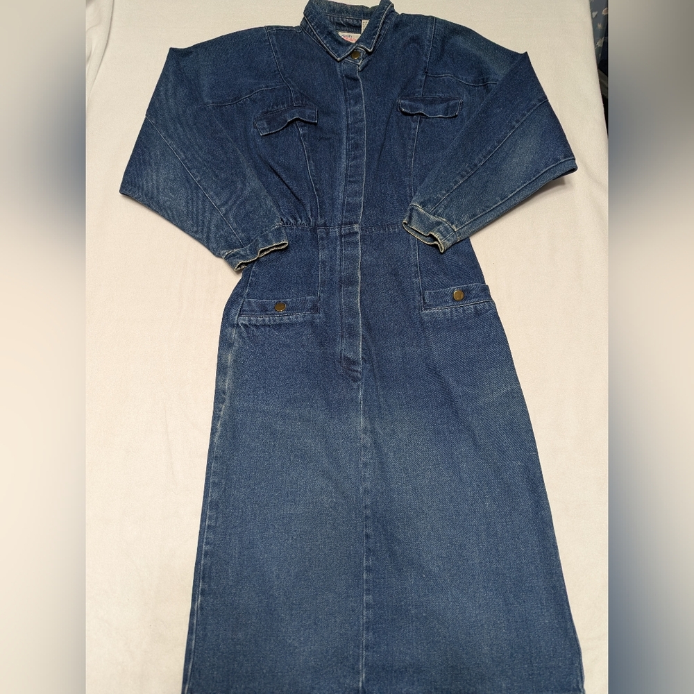 Vintage 90's Y2K Avon Fashion Long Sleeve Button-up Denim Midi Dress Size 7/8